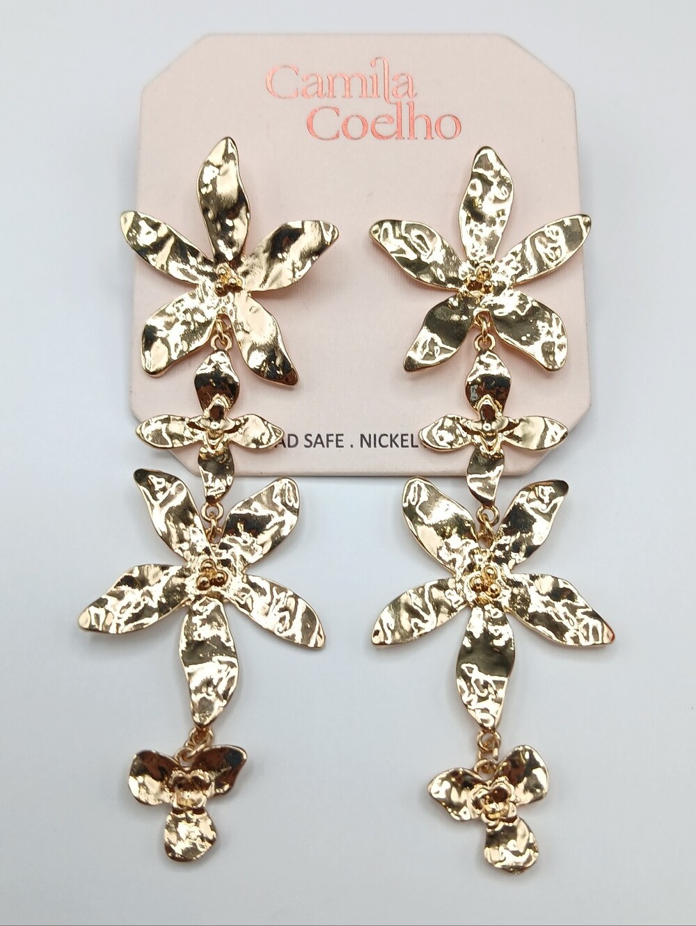 New! Camila Coelho Gold Tone Triple Flower Floral Dangled Earrings Nickel Free